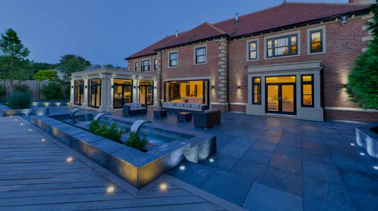 New executive home: slate terrace and water feature